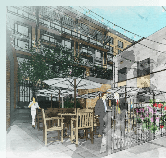 Building rendering, close up of outdoor courtyard, two men talking, woman walking