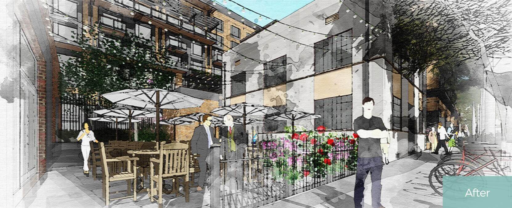 Building rendering, young man crossed arms on street, bikes, flowers, umbrella