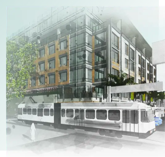 Building rendering, Metro rail car, medical office building in background