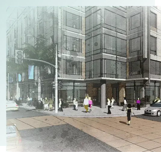 Building rendering, street intersection, pedestrians, car, traffic signal